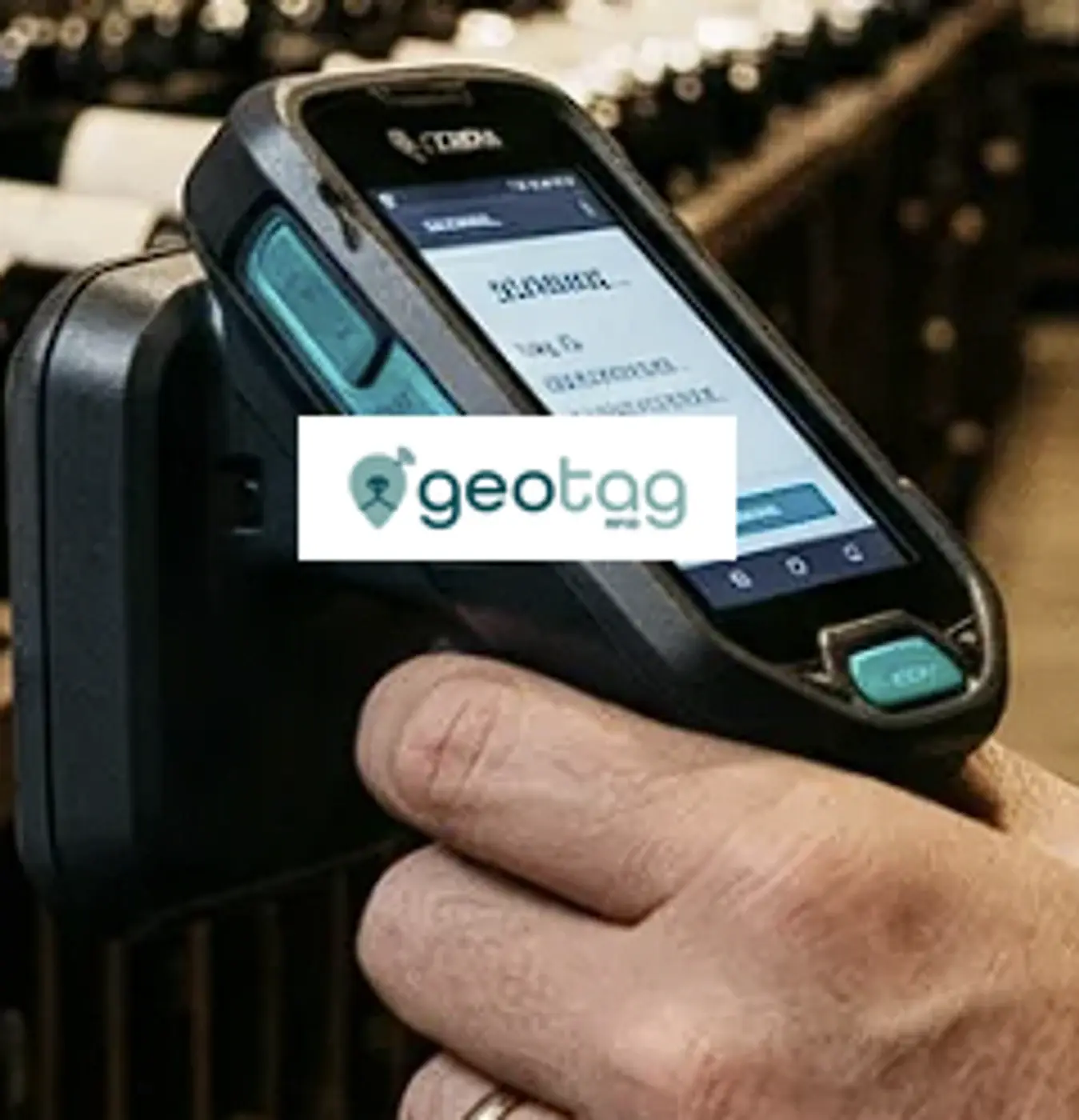 Hand-RFID-Leser im Weinkeller; Bildschirm mit Geotag-RFID-Logo